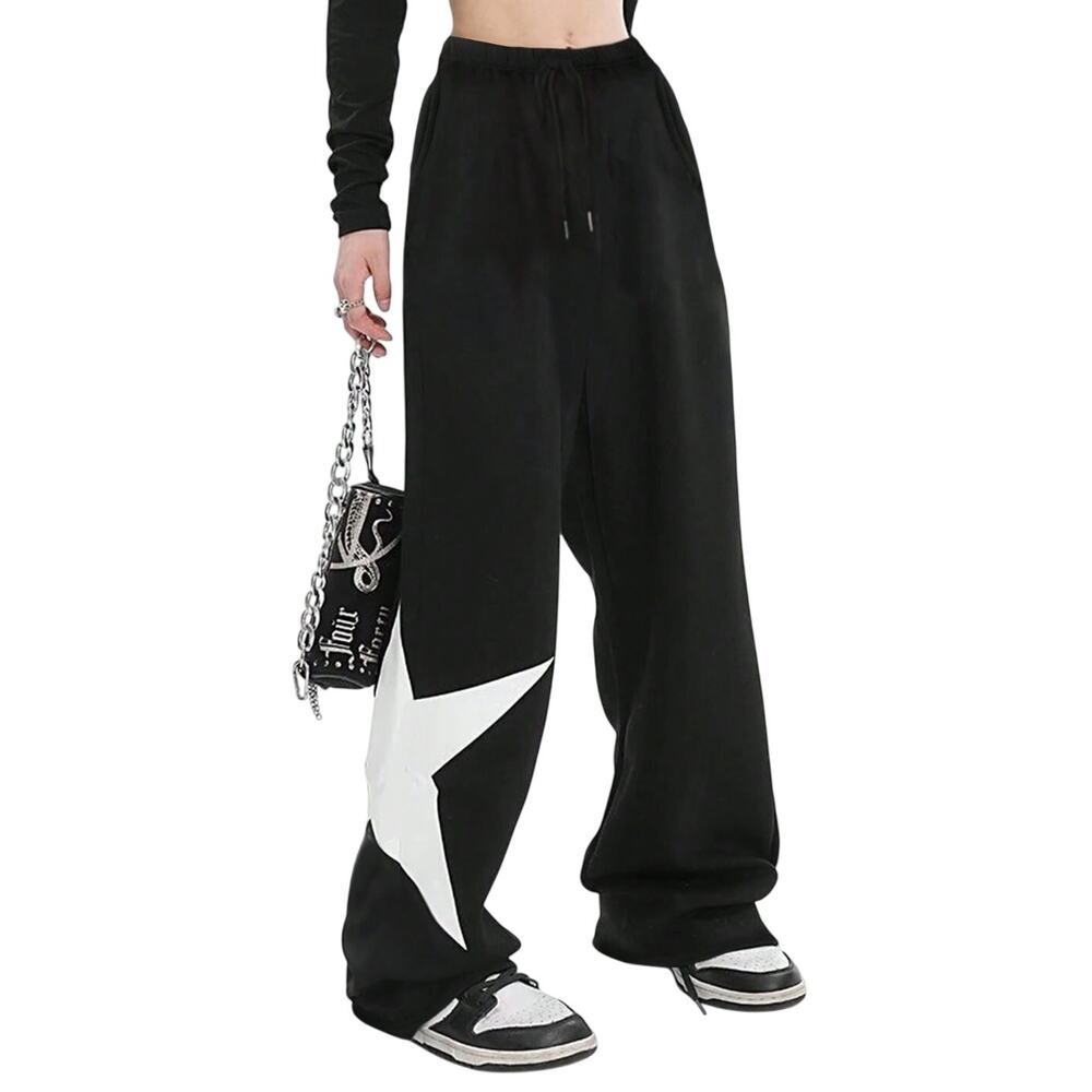 Women's Star Pattern Casual Loose Sweatpants in Black, Size S